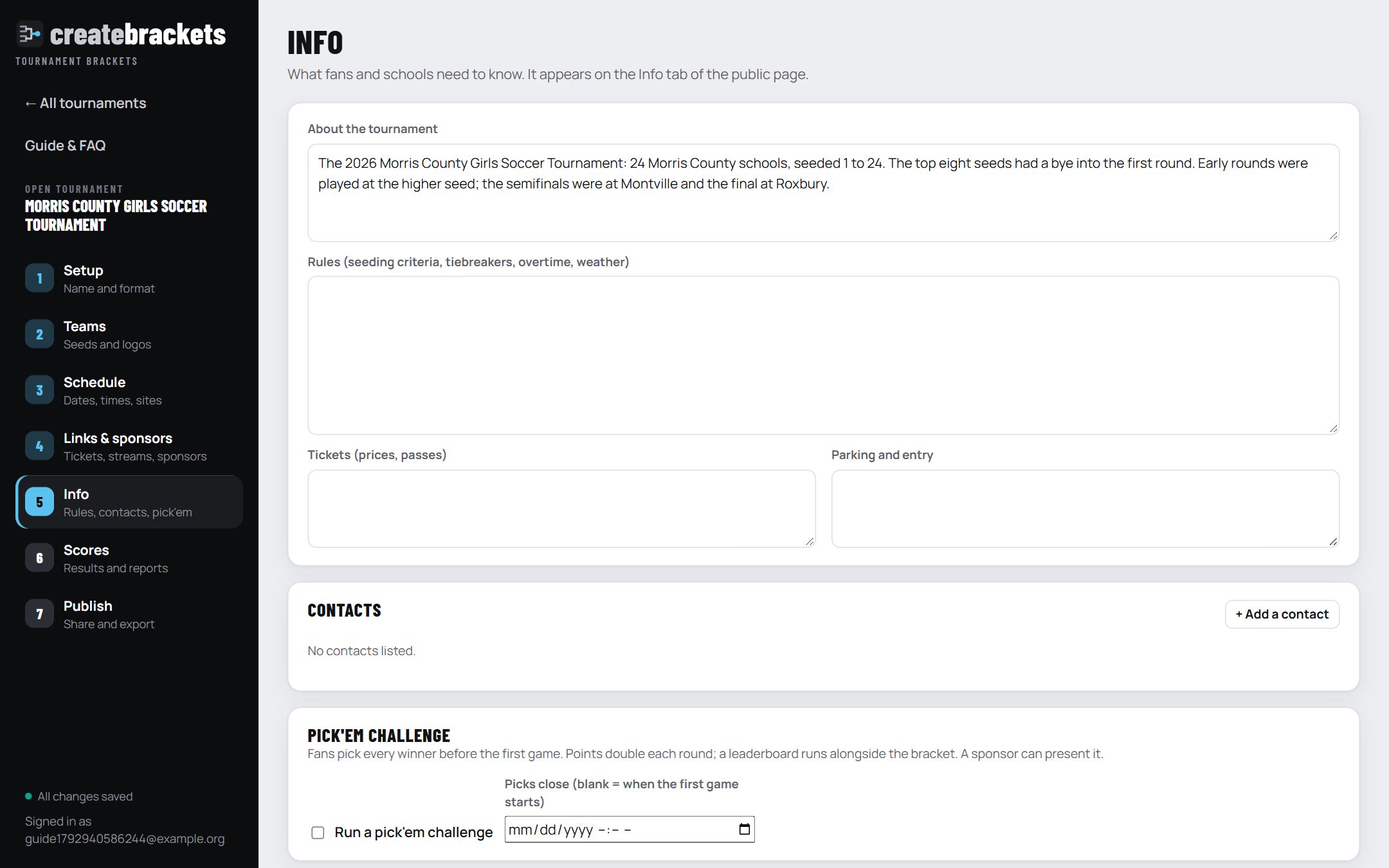 The Info step: about, rules, tickets, parking, contacts and pick'em settings