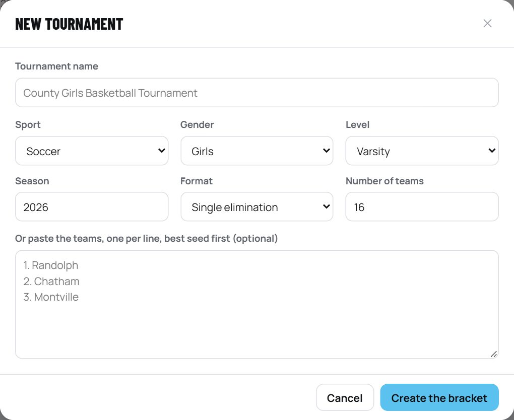 The New tournament form: name, sport, gender, level, season, format, number of teams and a box to paste teams