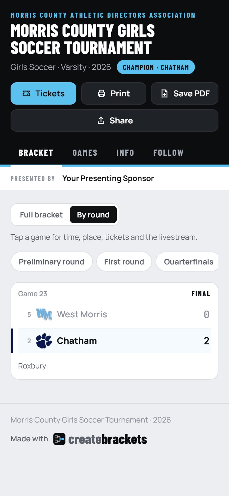 The public page on a phone, showing one round as game cards