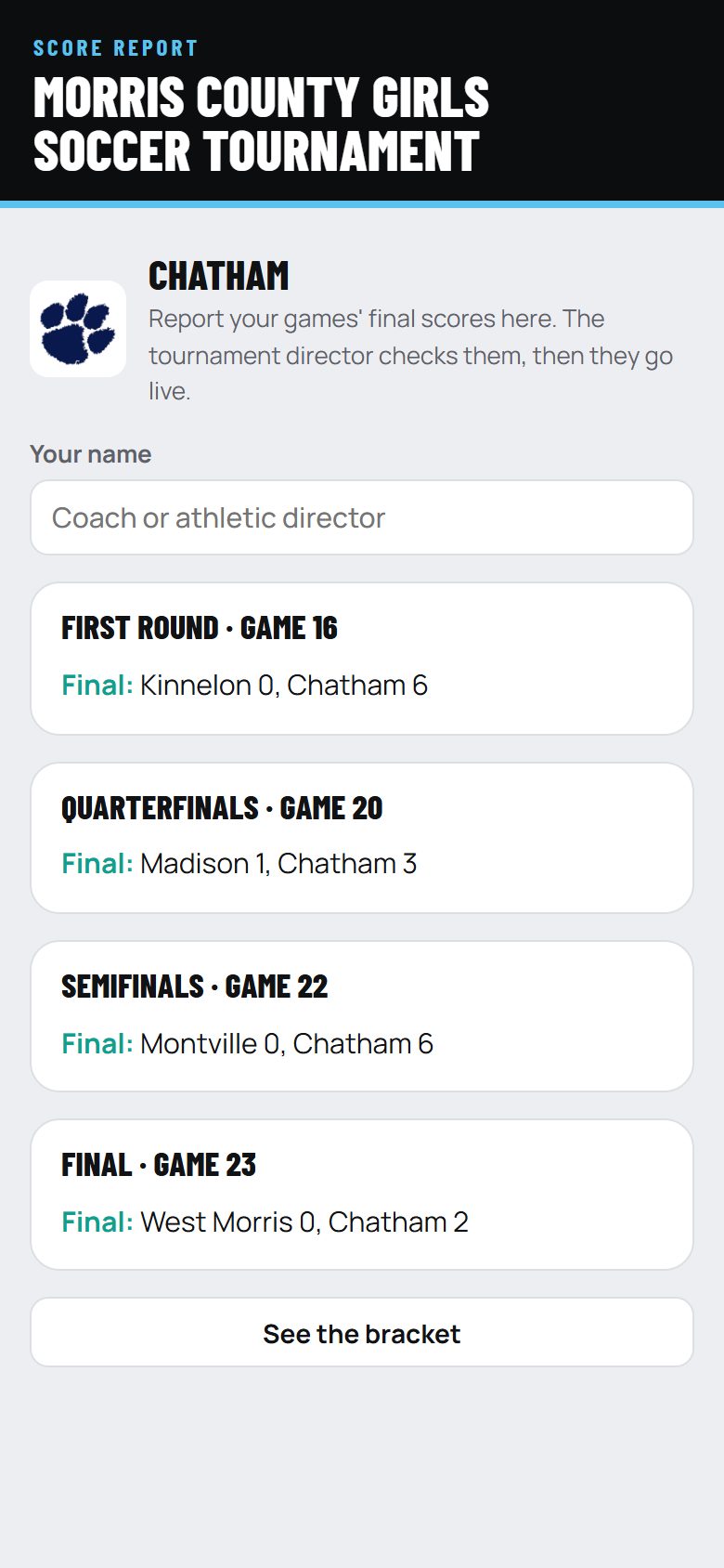 A school's score page on a phone: the school, its game, two score boxes and a send button