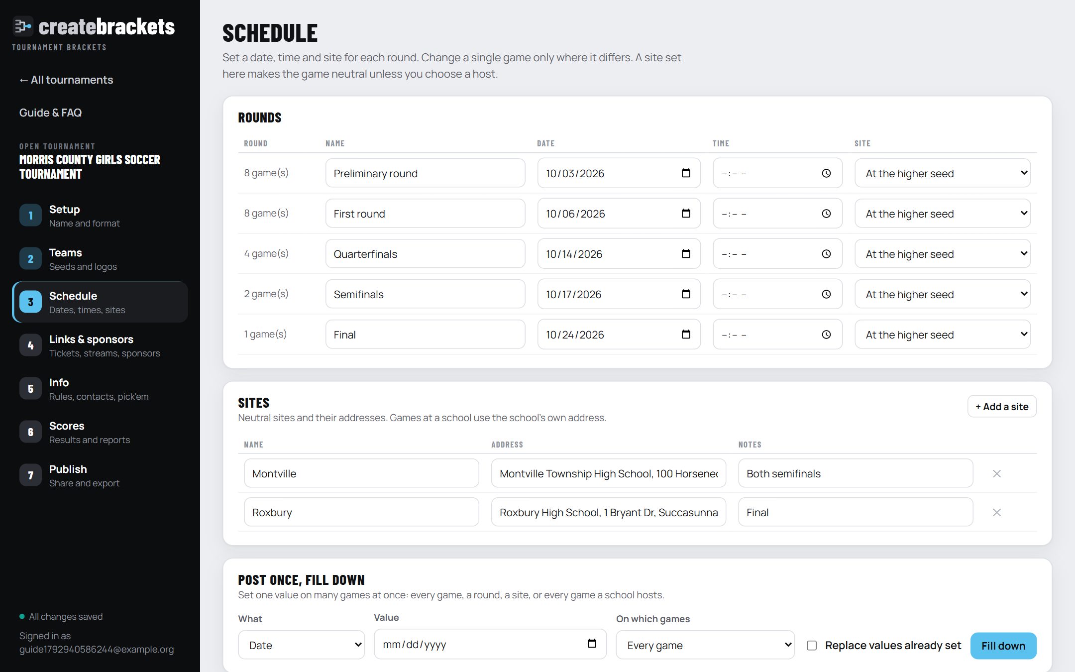 The Schedule step: a rounds table with name, date, time and site, a sites table, and the games