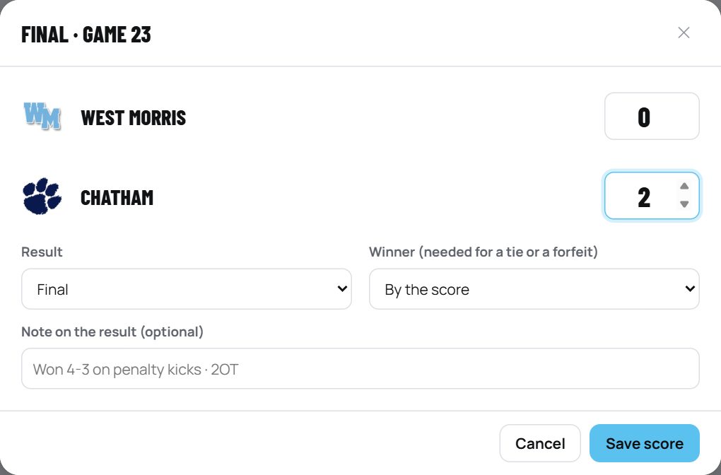 The score window: both teams with score boxes, result, winner and a note