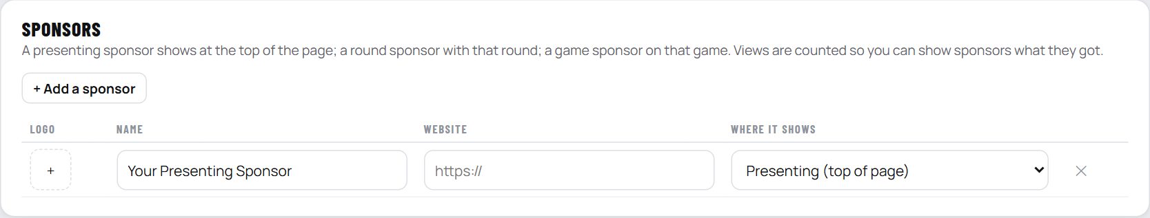 The sponsors table: logo, name, website and where it shows
