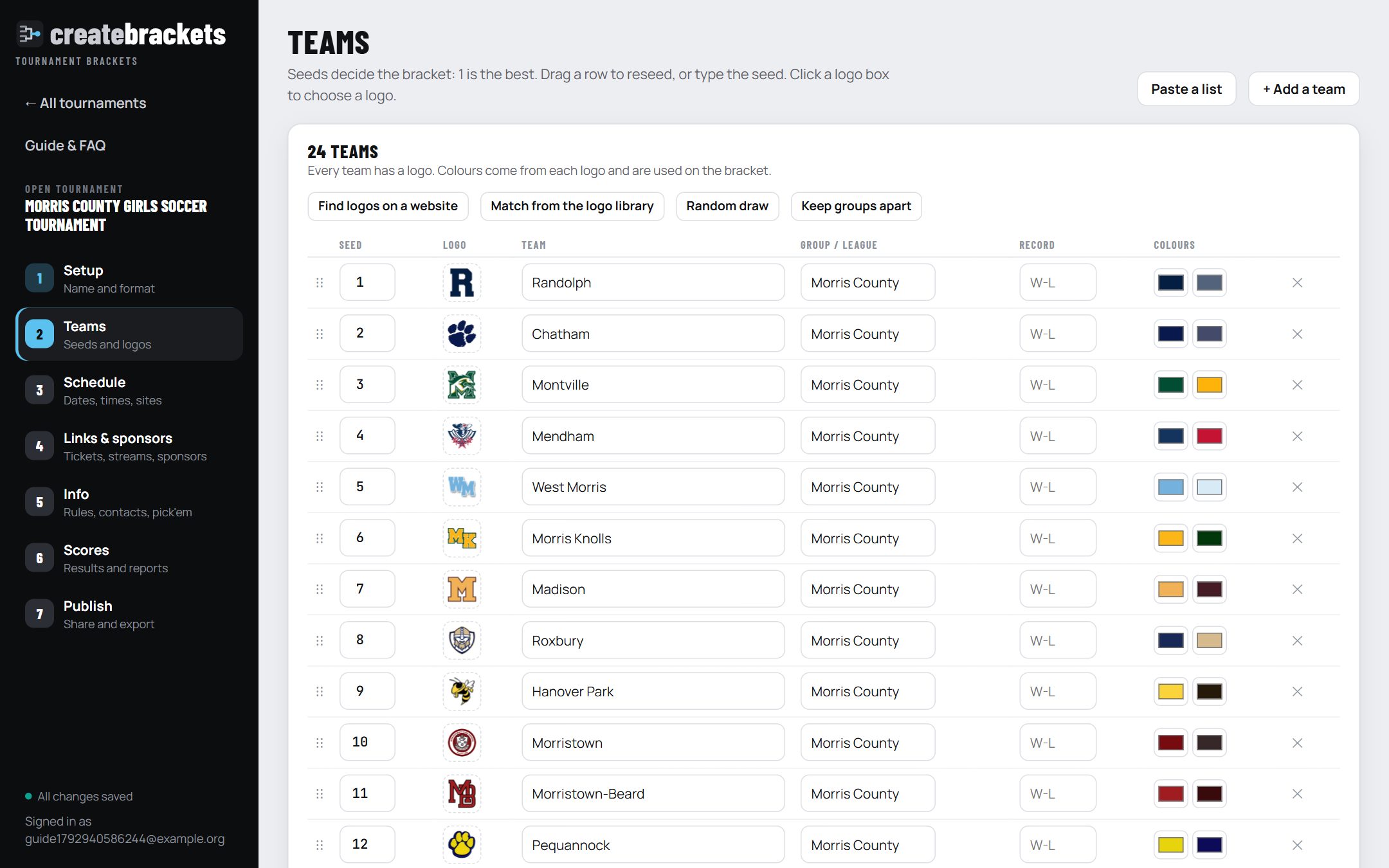 The Teams step: a table of teams with seed, logo, name, group, record and two colour swatches